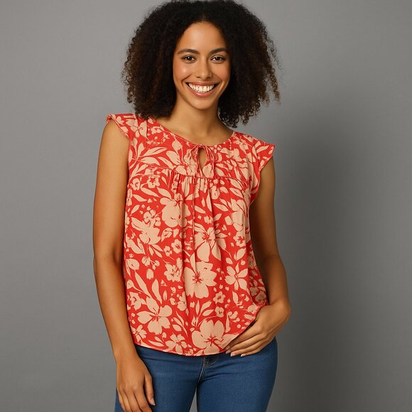 GAP Tops - GAP XS Orange Floral Ruffle Sleeve Boho Peasant Blouse Y2K 90s Summer Vacation